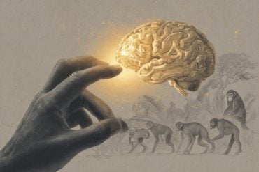This shows a hand reaching to grab a brain. Under the brain are primates, referencing the evolutionary benefit of longer thumbs.
