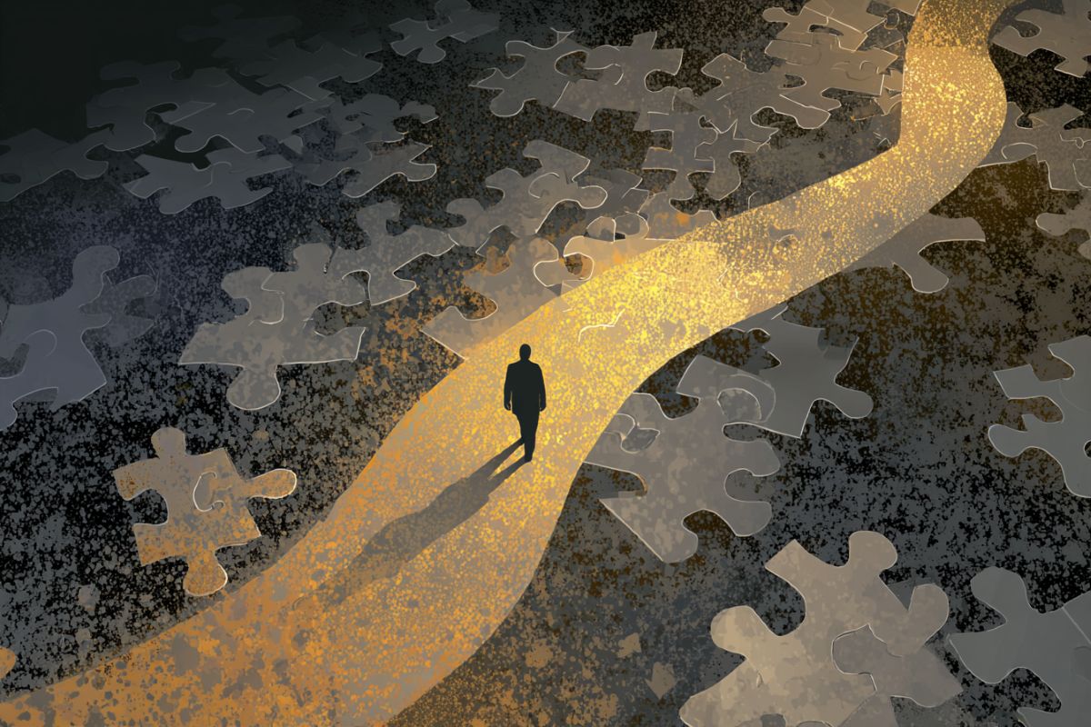This shows a person walking on a path with scattered puzzle pieces at his feet.