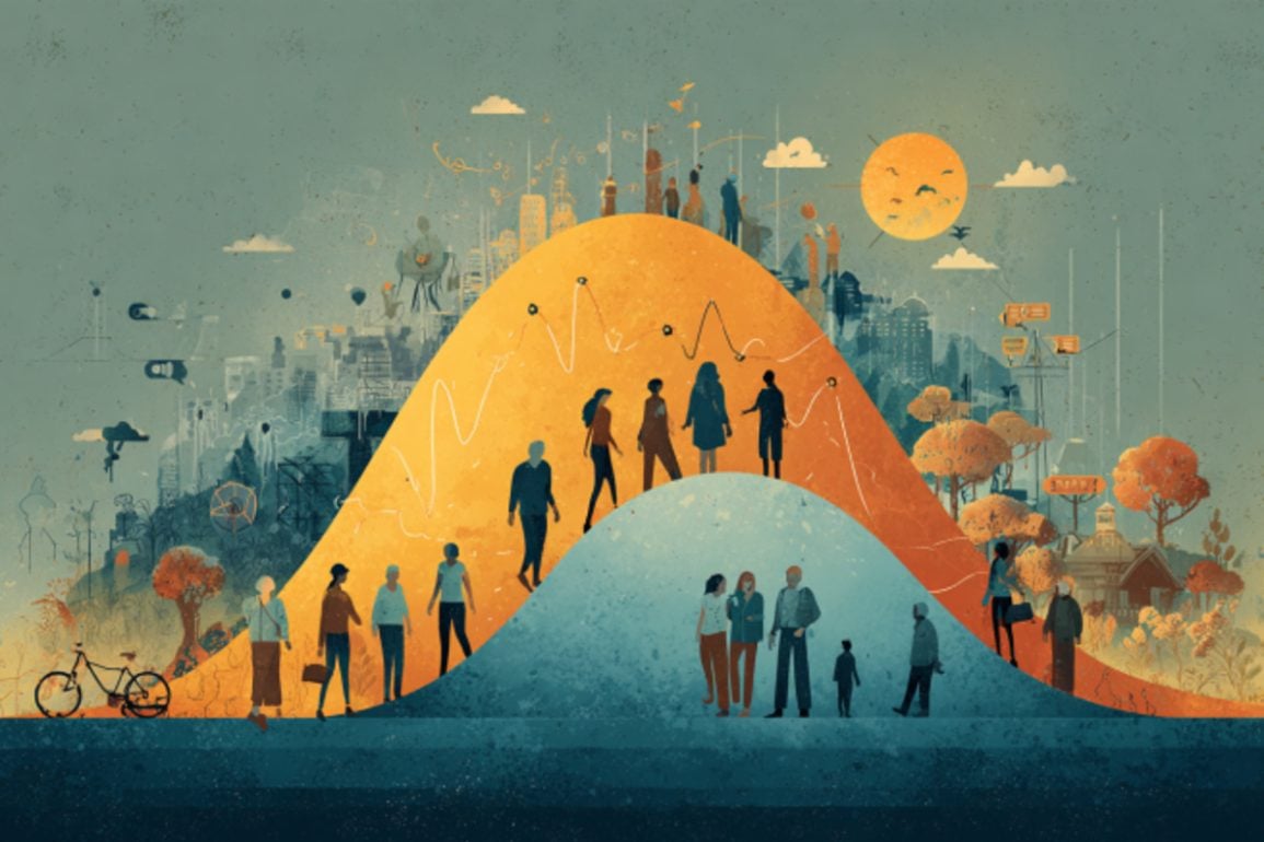 This shows people walking up and down hills.