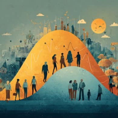 This shows people walking up and down hills.