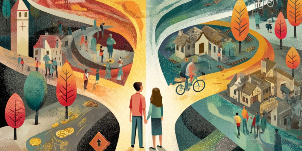 This shows a couple at a crossroads. One way shows a bright future, the other, a darker future.