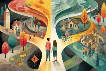 This shows a couple at a crossroads. One way shows a bright future, the other, a darker future.