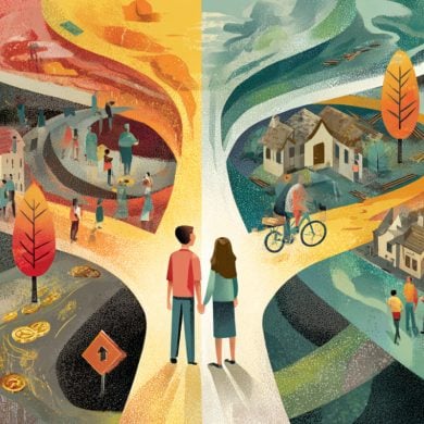 This shows a couple at a crossroads. One way shows a bright future, the other, a darker future.