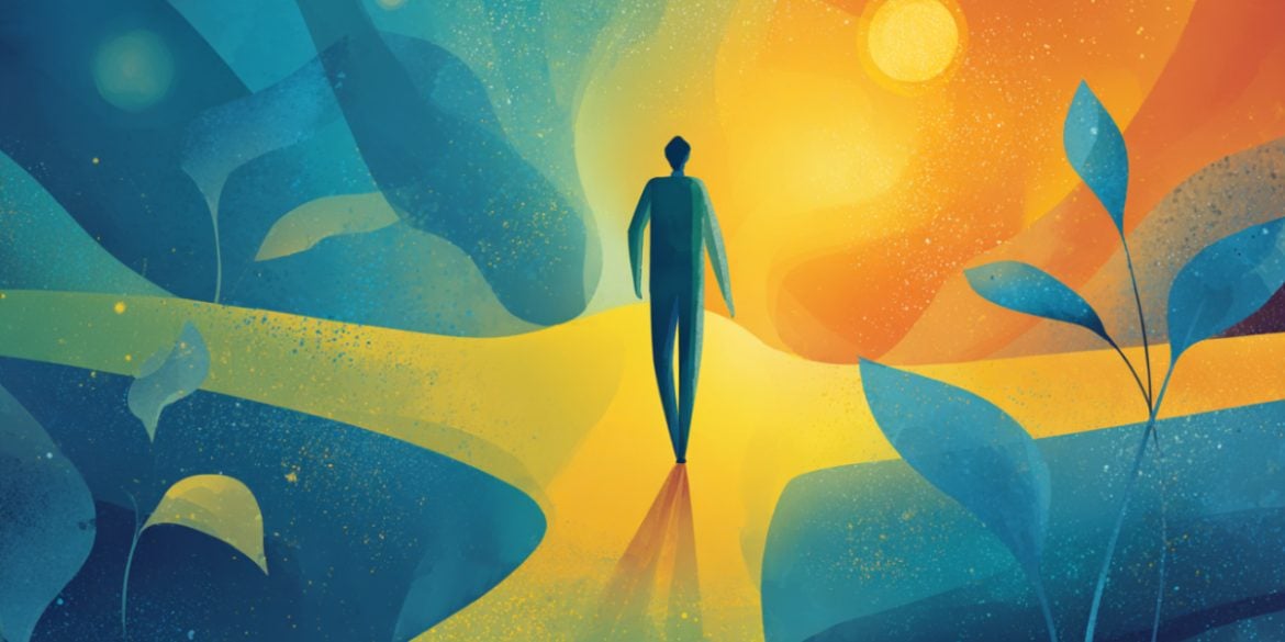 This shows a person walking a path towards a crossroads with the sun shining in the background.