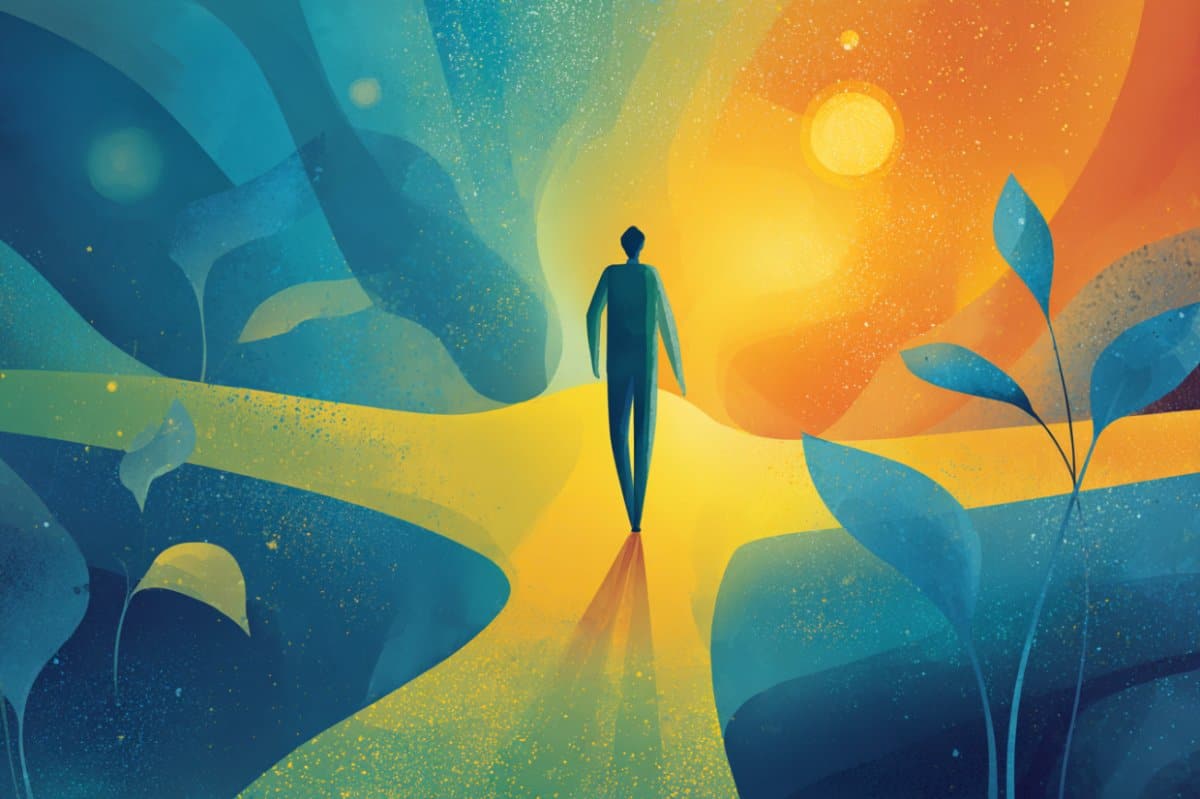 This shows a person walking a path towards a crossroads with the sun shining in the background.