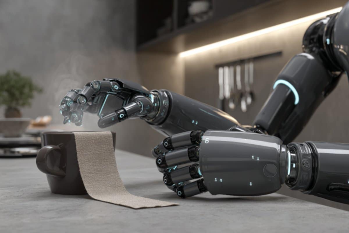This shows a sleek robotic hand and a cup of coffee.