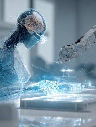 This shows the outline of a person with a glowing brain and a robotic arm.