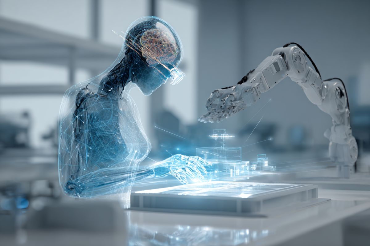 This shows the outline of a person with a glowing brain and a robotic arm.