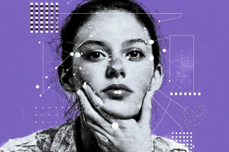 This shows a woman's face and network lines.