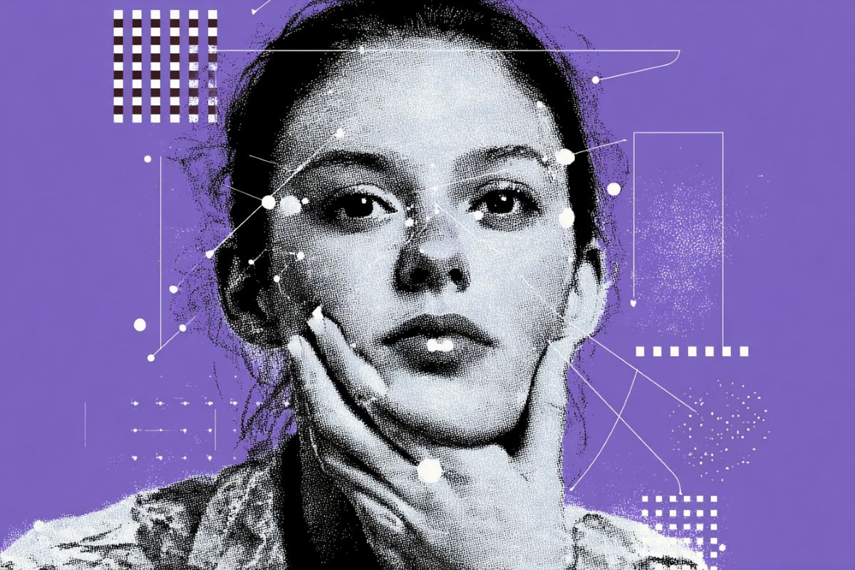 This shows a woman's face and network lines.