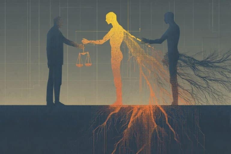 This shows two people and a digital outline of a person.