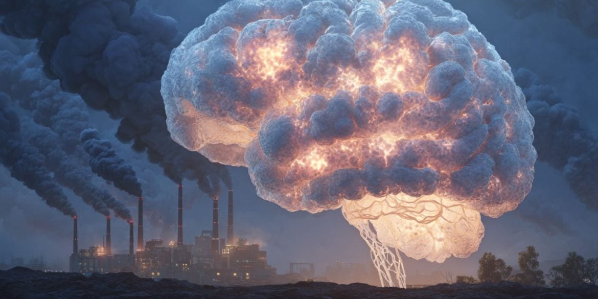 This shows a brain made up of clouds and smoke stacks.