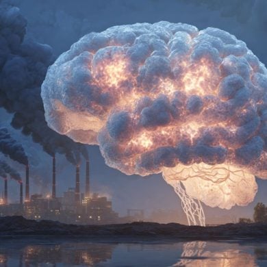 This shows a brain made up of clouds and smoke stacks.