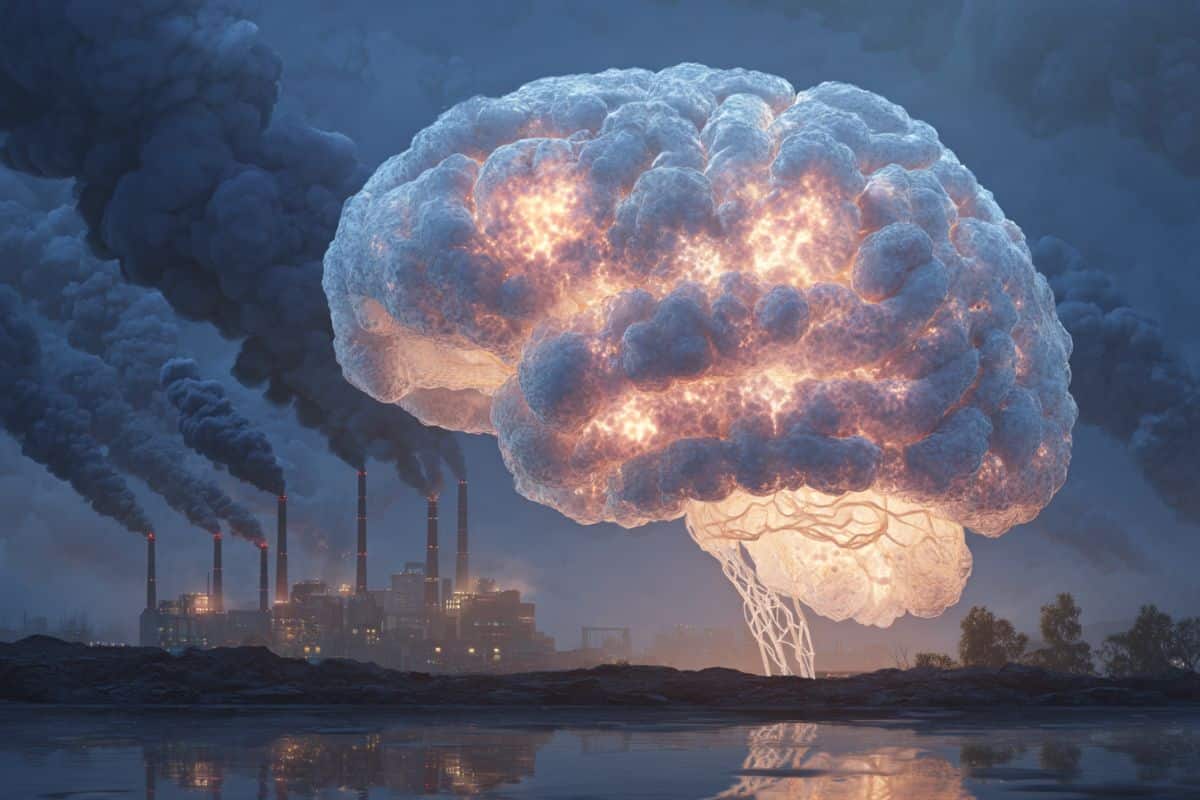 This shows a brain made up of clouds and smoke stacks.