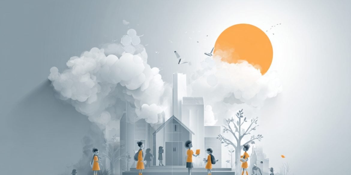 This shows a smoggy town and children.