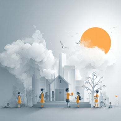 This shows a smoggy town and children.
