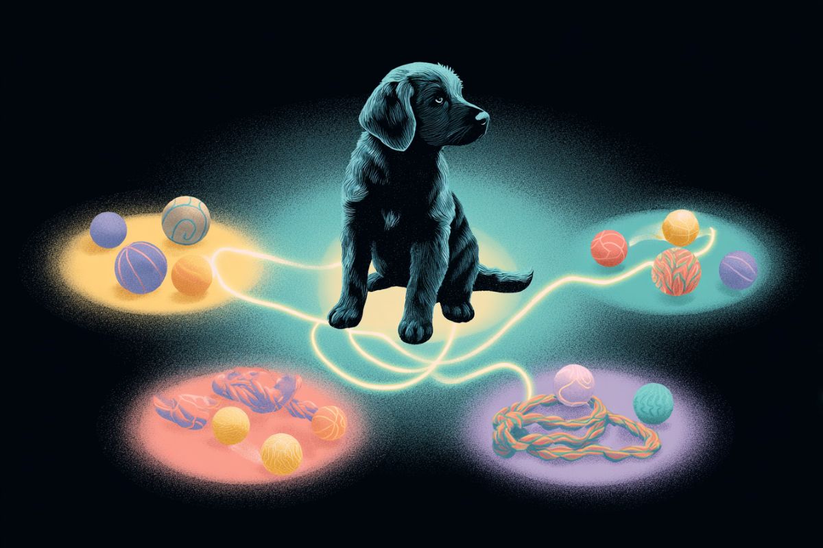 This shows a dog and toys like balls and ropes.