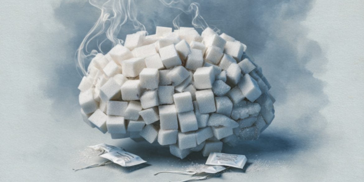 This shows a brain made of sugar cubes, surrounded by sweetener packets.