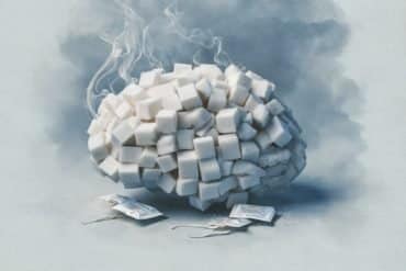 This shows a brain made of sugar cubes, surrounded by sweetener packets.