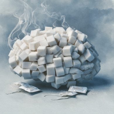 This shows a brain made of sugar cubes, surrounded by sweetener packets.
