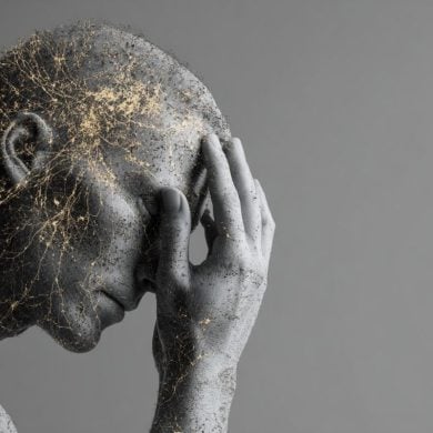 This shows a statue of a person holding their head. Neurons are overlayed.