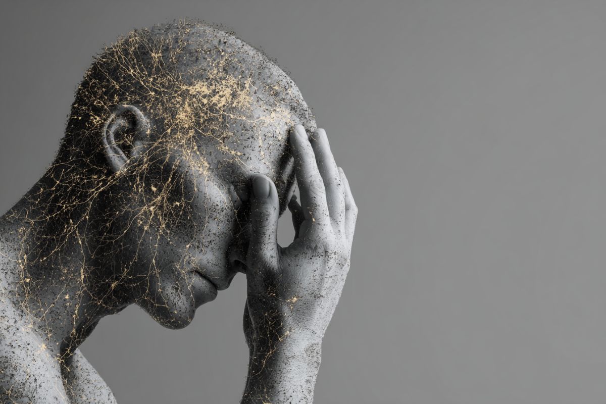This shows a statue of a person holding their head. Neurons are overlayed.
