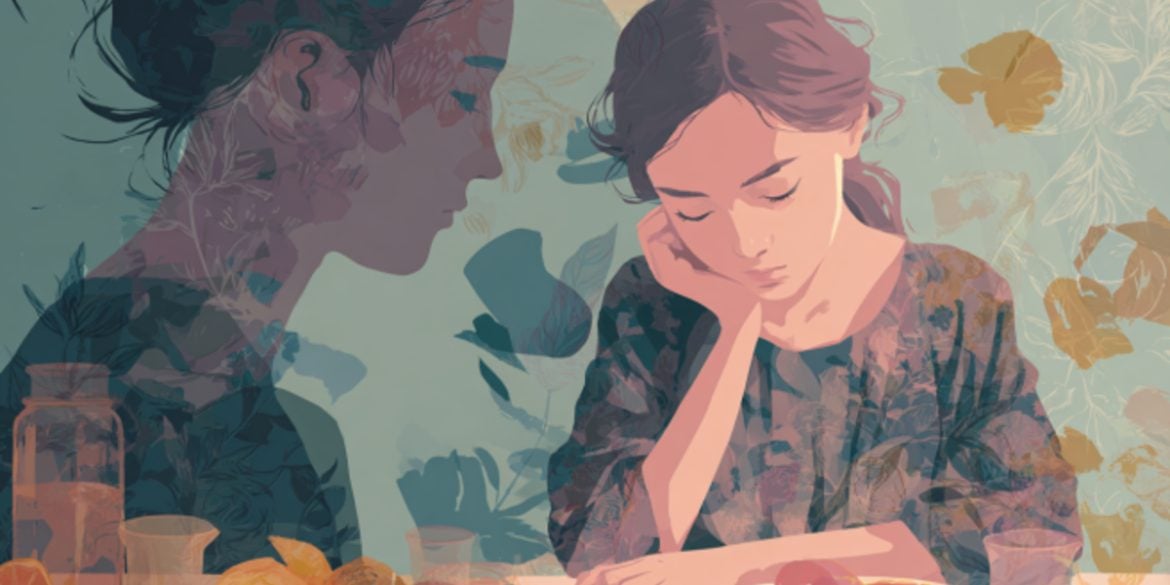 This shows a young girl sitting at a table and a shadow of her older self.