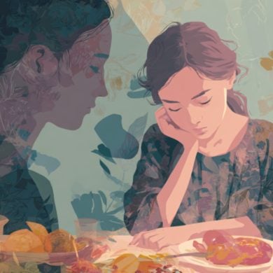This shows a young girl sitting at a table and a shadow of her older self.