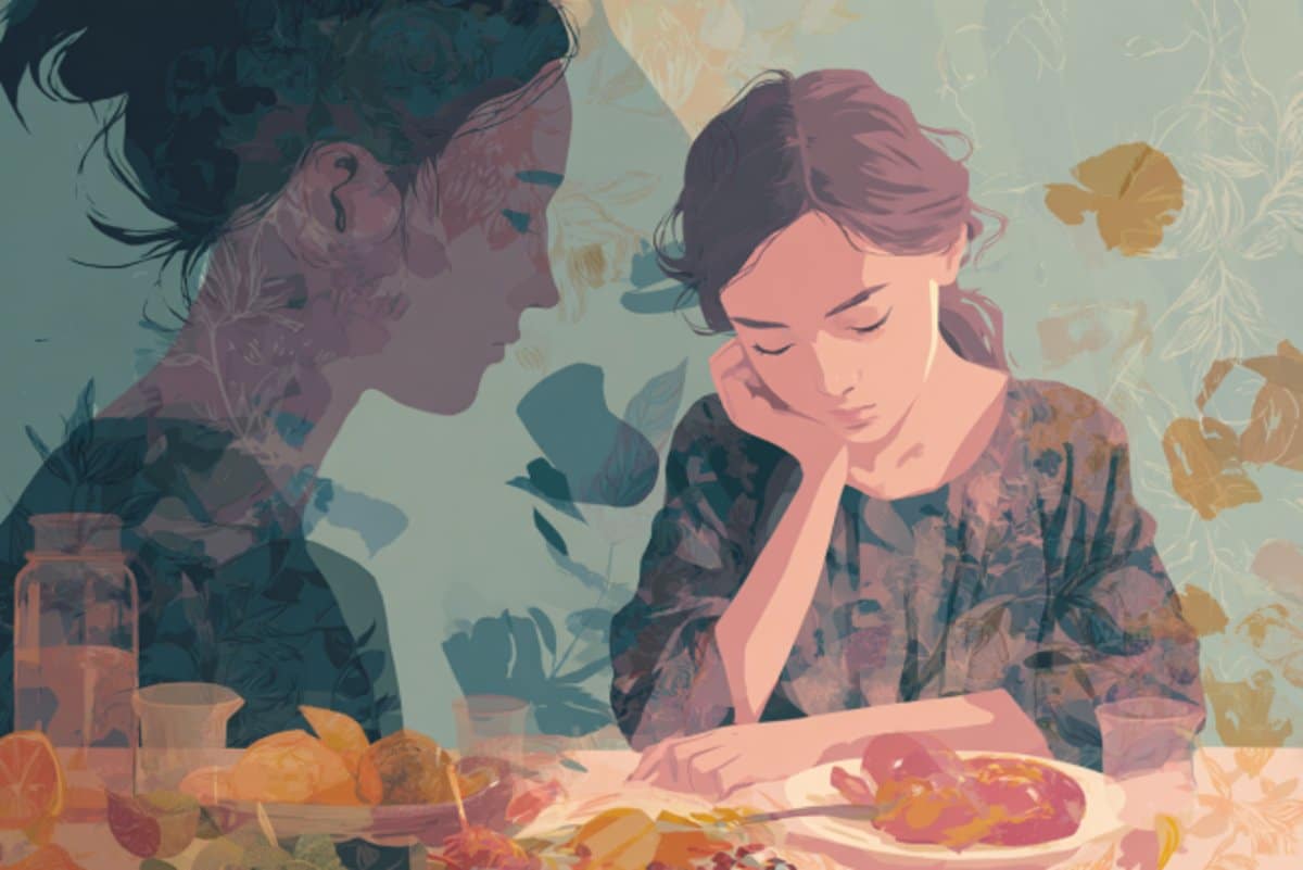 This shows a young girl sitting at a table and a shadow of her older self.