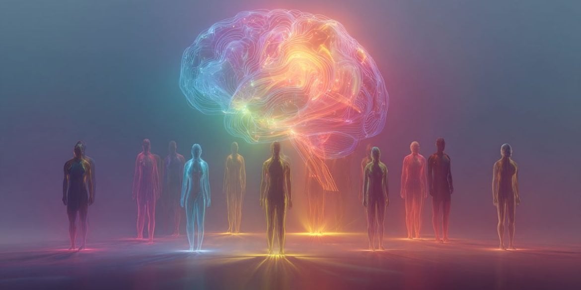 This shows colorful people standing around a colorful brain.