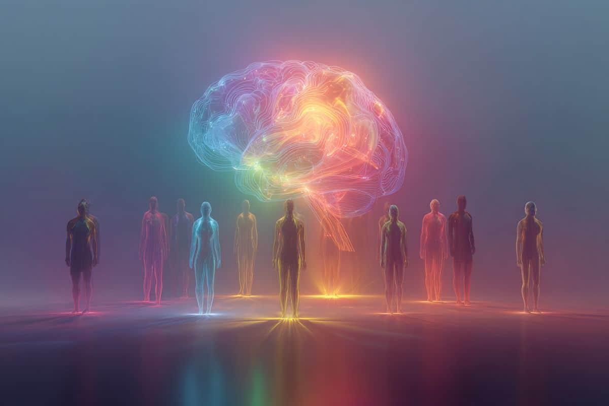This shows colorful people standing around a colorful brain.