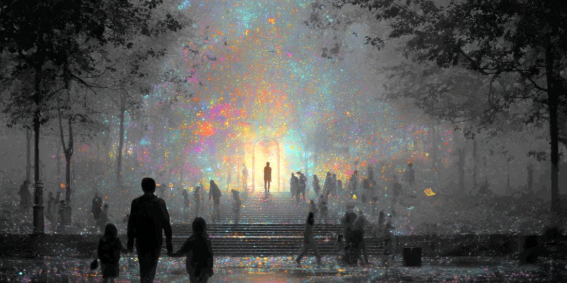 This shows a family walking in a haze.