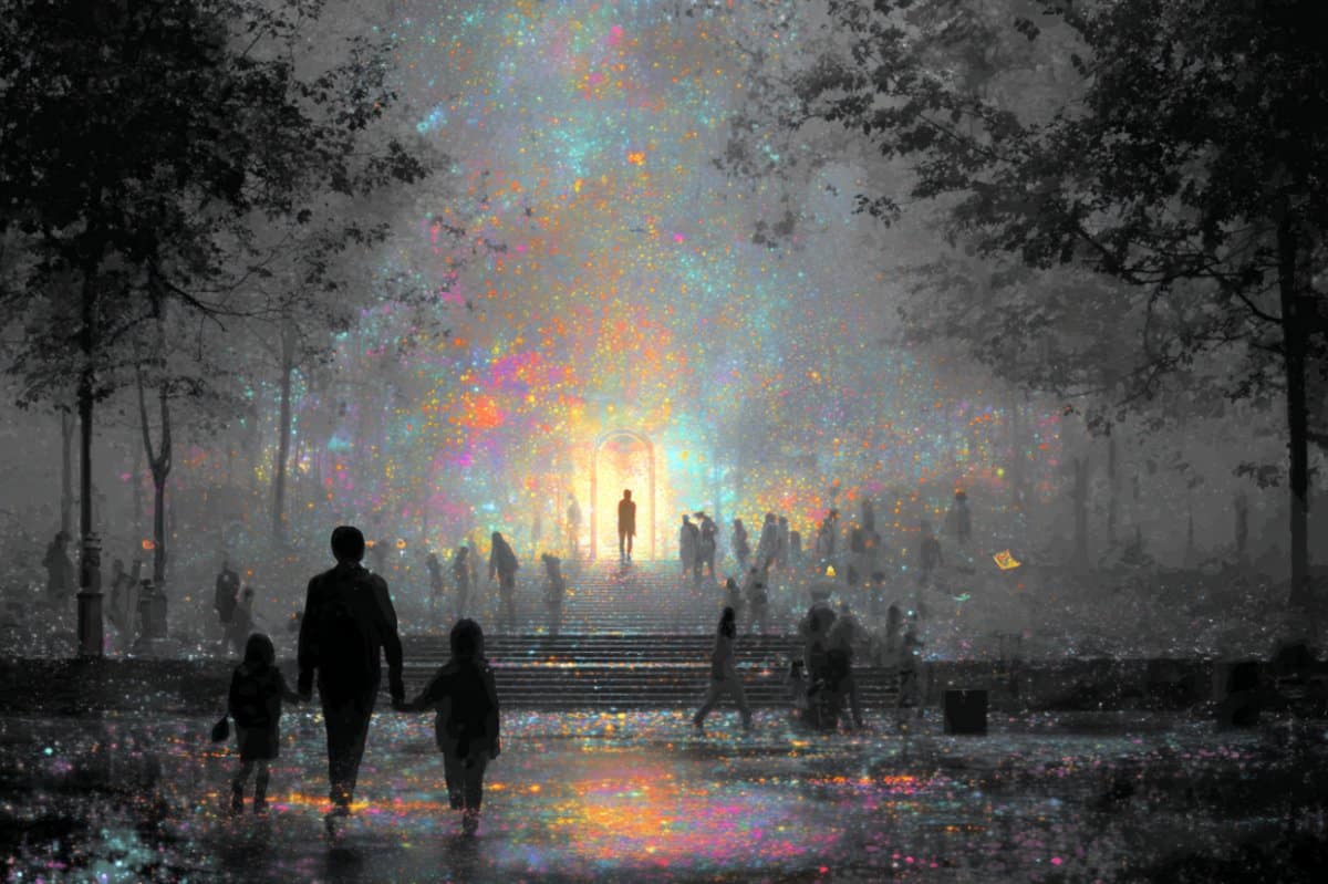 This shows a family walking in a haze.