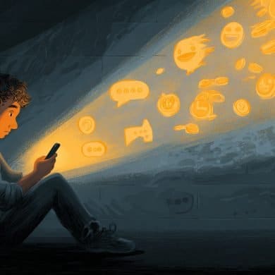 This shows a teen alone in a dark room with a cell phone, surrounded by emojis.