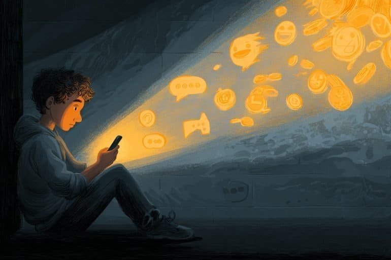 This shows a teen alone in a dark room with a cell phone, surrounded by emojis.