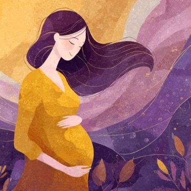 This shows a happy pregnant woman cradling her belly.