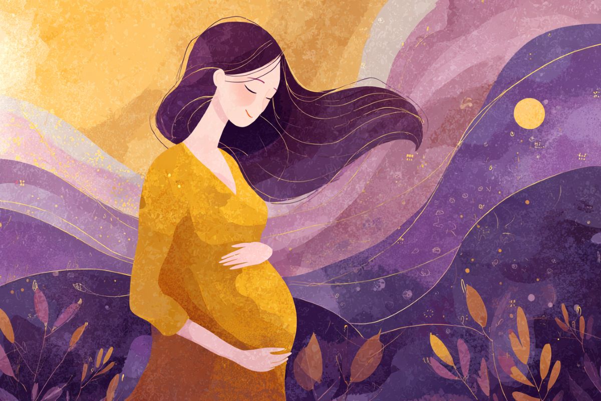 This shows a happy pregnant woman cradling her belly.