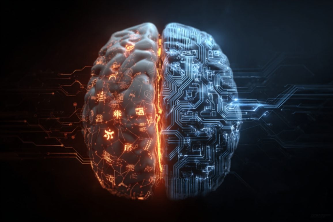 This shows half a human brain and half a brain made up of network connections.