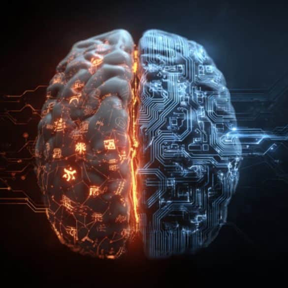 This shows half a human brain and half a brain made up of network connections.
