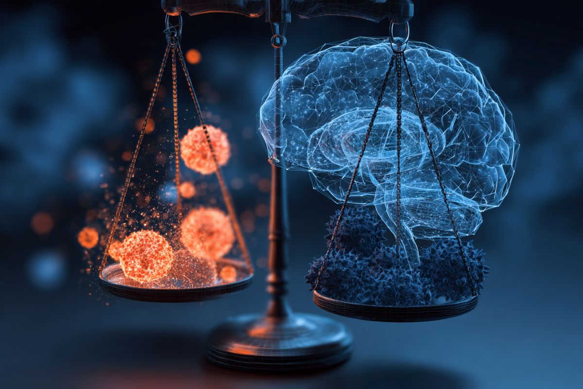 This shows a brain, immune cells, and a scale.