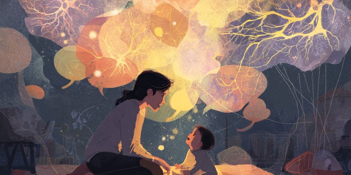 This shows a mom and baby surrounded by speech bubbles.