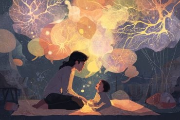 This shows a mom and baby surrounded by speech bubbles.