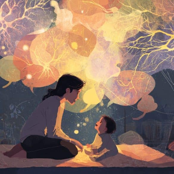 This shows a mom and baby surrounded by speech bubbles.