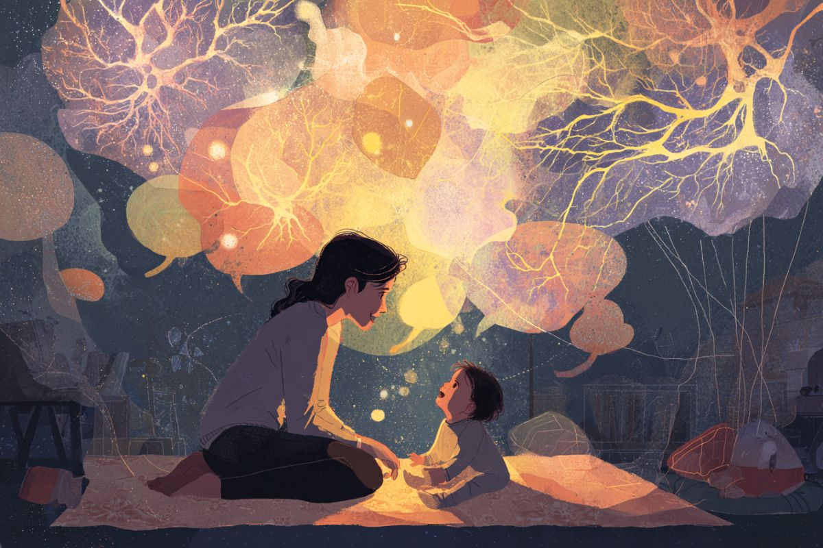 This shows a mom and baby surrounded by speech bubbles.