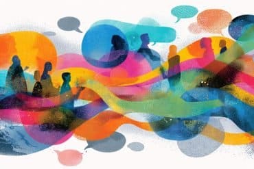 This shows people of different ages and speech bubbles.