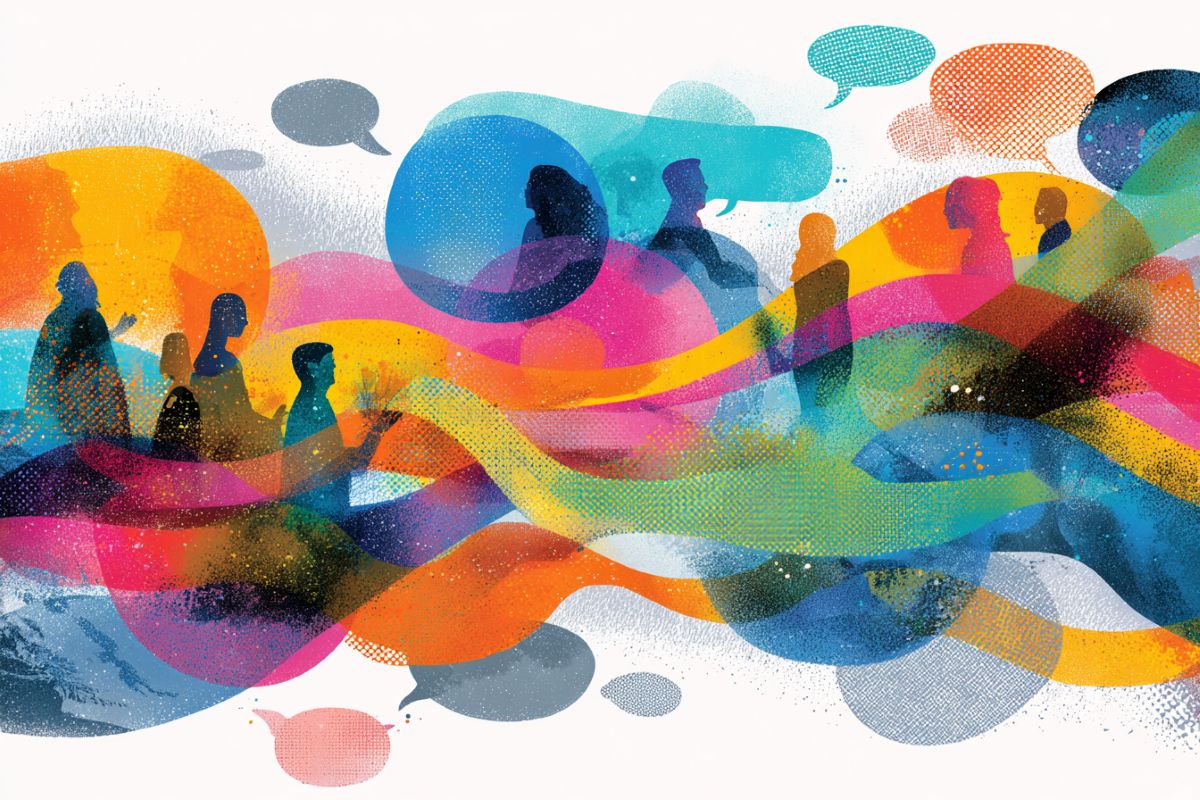 This shows people of different ages and speech bubbles.