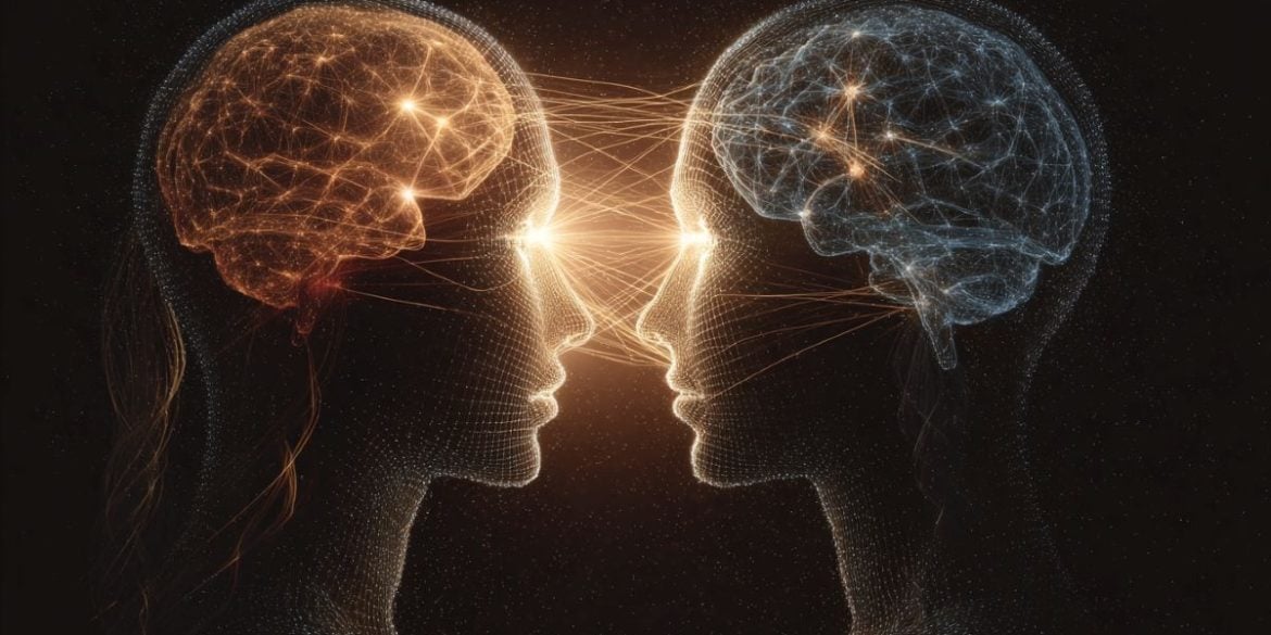 This shows the outline of two people and brains.