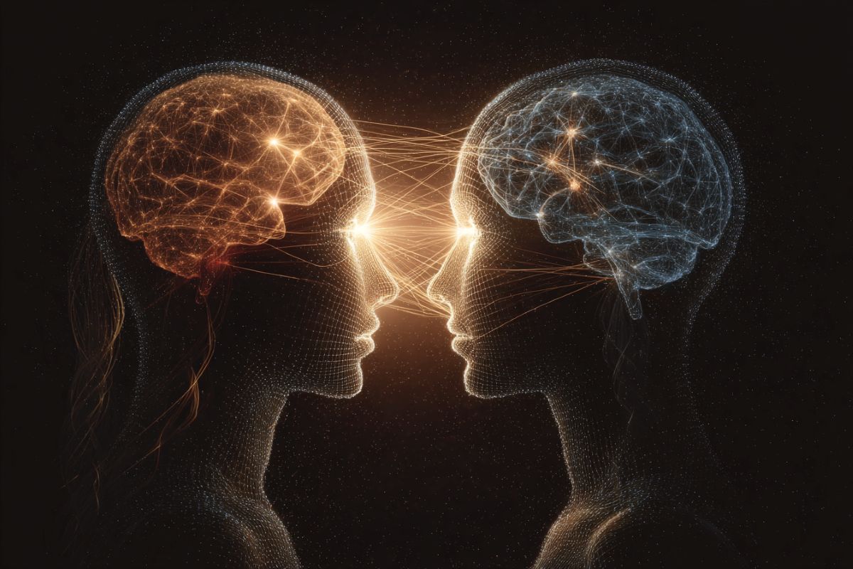 This shows the outline of two people and brains.