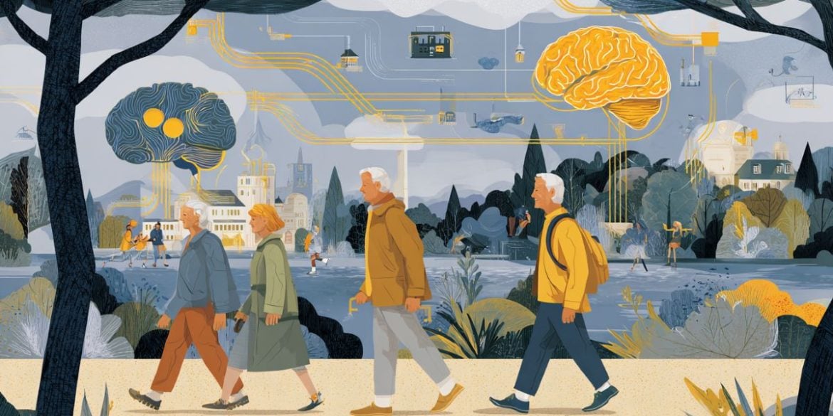 This shows older people walking in a park and a brain.