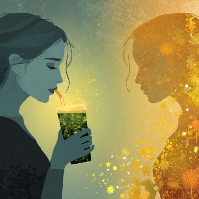 This shows a woman drinking soda and a shadow of a woman.